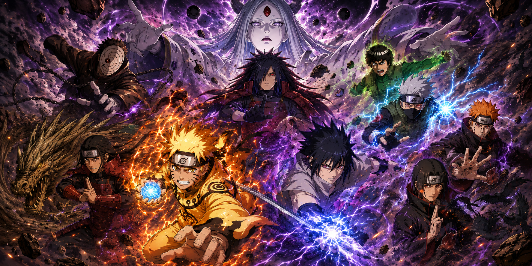 Daftar Karakter Naruto Terkuat Paling Susah Di Lawan menampilkan Kaguya, Madara, Naruto, Sasuke, Obito, Might Guy, Kakashi, Hashirama, Nagato, dan Itachi